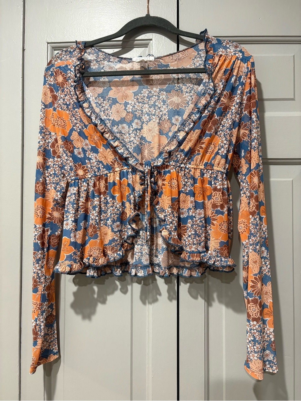 Full Tilt Floral Ruffle Tie-Front Blouse in Blue & Orange